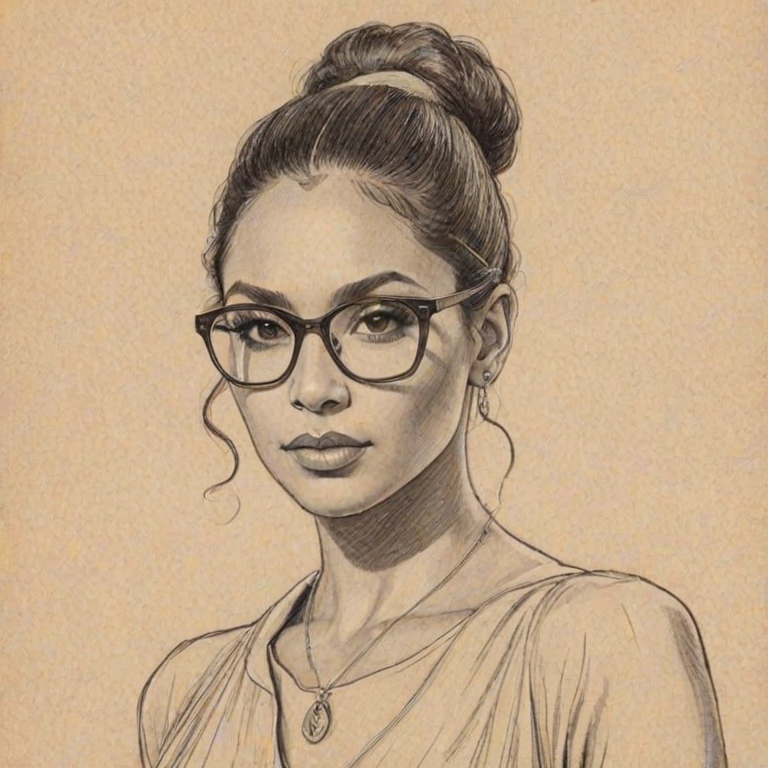 Resplendent Vanessa Bryant, pencil sketch, portrait of Superb woman 1923s in glasses, hair style beatnik, outline, clear lines, fine lines, 8k