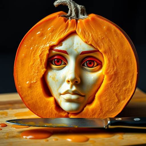 A hyperdetailed photorealistic macro color saturated high resolution image of a pumpkin cut in half, with the pumpkin pit being a highly detailed sculpted woman's face with her eyes open and pumpkin-colored irises. The face has a marble texture. The image includes condensation, moisture, and pumpkin juice. The pumpkin is on a wooden cutting board with a small fruit knife nearby, also covered with juice.