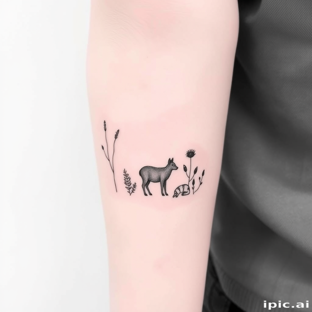 Minimalist line art tattoo named "Whisper of Nature" portraying a single continuous line forming elegant silhouettes of animals and plants with subtle shading and negative space