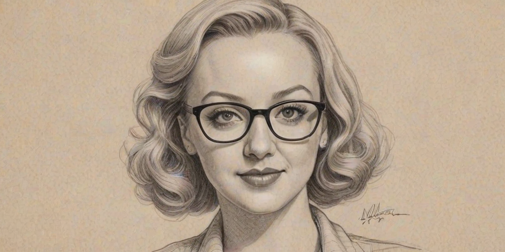 Graceful Wendi McLendon-Covey, pencil sketch, portrait of Lovely woman 1930s in glasses, hair style beatnik, outline, clear lines, fine lines, 8k