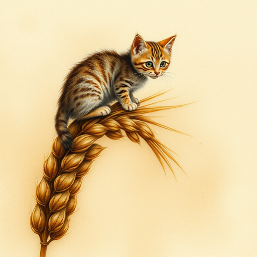 Soft, muted Alcohol Ink with ebru effect background image of tiny whimsical cat, who climbed high on the top of a golden rye ear.