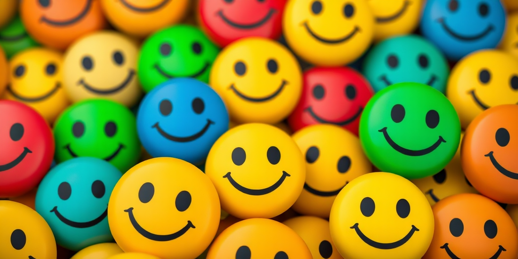 Generate a vibrant and colorful collage of smiling emoji faces in various colors such as yellow, red, green, blue, and orange, using a Canon EOS 5D Mark IV with a 50mm f/1.8 lens, aperture set to f/2.8, ISO 100, and a shallow depth of field for enhanced clarity and saturation.