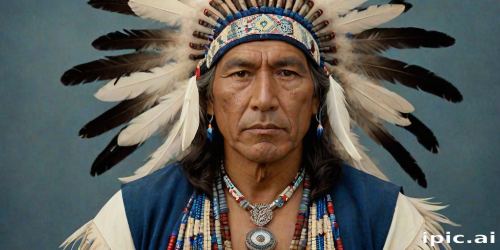Create a dignified portrait of a Native American man dressed in traditional attire. He wears a beautifully crafted headdress adorned with white feathers and red beads, along with a beaded headband featuring intricate patterns. His clothing includes a deep blue, patterned shirt and a traditional chest piece with detailed beadwork. His arms are crossed, displaying leather armbands decorated with feathers. The background is simple and neutral, emphasizing his proud and stoic expression. The overall image captures the rich cultural heritage and strength of his persona.