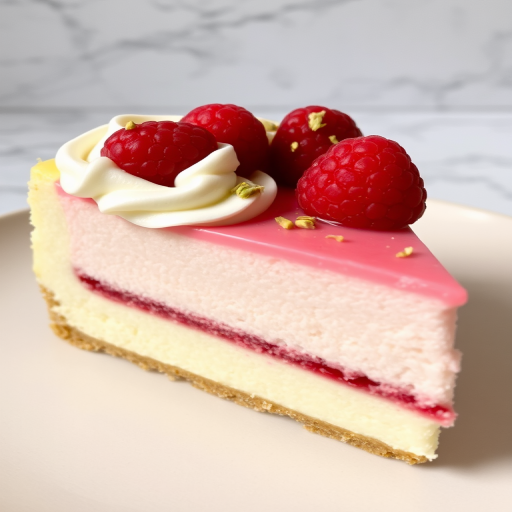 A slice of cheesecake with a smooth creamy texture featuring a layer of pink raspberry-flavored topping, garnished with fresh raspberries and a swirl of whipped cream, sprinkled with crushed pistachios, served on a light-colored plate against a marble background.
