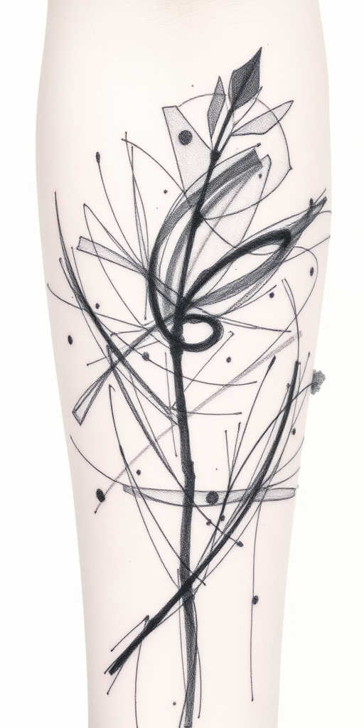 Sketch-style tattoo titled "Artistic Impressions" resembling a pencil or charcoal drawing with loose lines, shading, and a raw, unfinished quality that captures the artist's hand