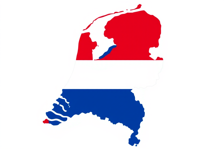 Create a high-resolution illustration of the Netherlands map silhouette filled with the Dutch flag colors (red, white, and blue) using a DSLR camera with a 50mm lens, f/8 aperture, ISO 100, soft natural lighting, and a clean white background.