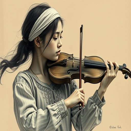 a young M'tis woman with a white headband playing a violin, in the style of a charcoal drawing, sepia grunge background
