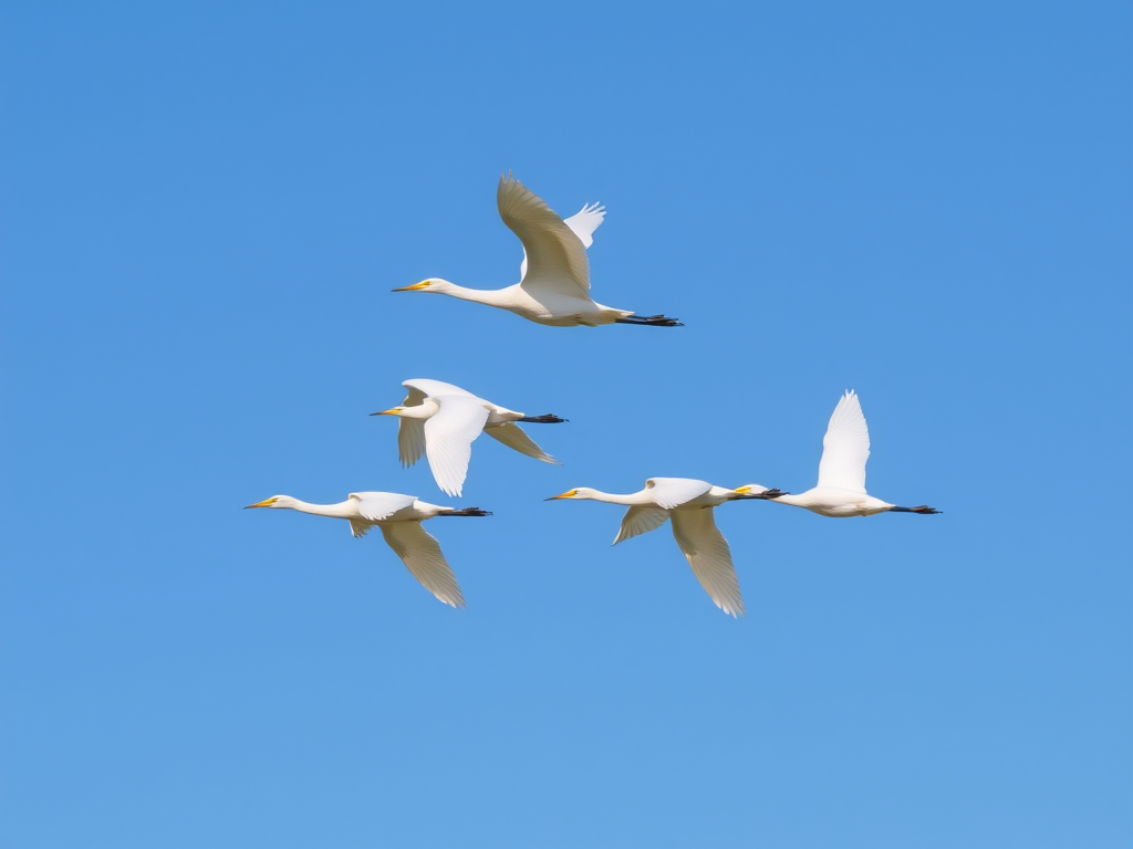 high-speed photography of flying white egrets in formation against a clear blue sky, focal length 200mm, aperture f/5.6, shutter speed 1/1000s, ISO 400, DSLR camera, wide-angle view, natural lighting