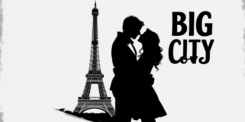 Create a high-contrast black and white graphic illustration featuring a couple in an embrace beside the Eiffel Tower, with the text "Big City Lover" in a bold, stylish font, using a DSLR camera with an f-stop of 2.8 for a shallow depth of field, a 50mm lens for close-up details, and shot from a slightly elevated angle to capture the full composition against a textured background.