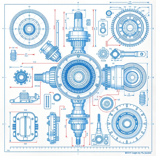 Create a highly detailed blueprint illustration of various mechanical components, featuring precise measurements and annotations, captured with a DSLR camera at f/8 aperture, 50mm lens, ISO 100, and a top-down view to enhance clarity and depth.