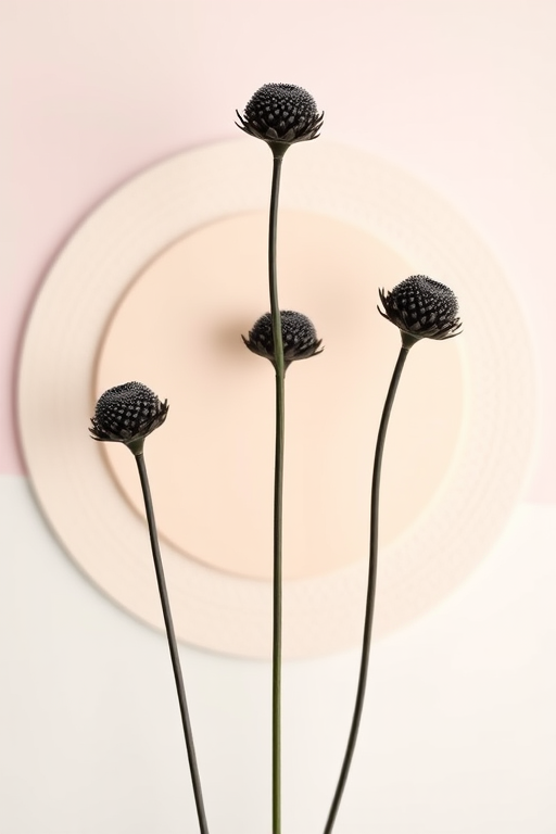 Create a high-resolution minimalist floral design featuring three stylized flower stems with delicate black seed heads set against soft, textured circular backgrounds in pastel colors, using a Canon EOS R5 with a 50mm f/1.2 lens, aperture at f/2.8, ISO 100, and a soft focus applied to enhance depth of field and create an airy feel.