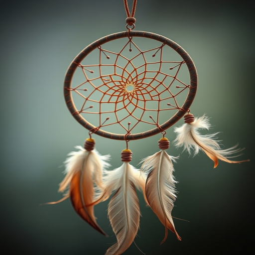 Create a highly detailed image of a dreamcatcher with intricate patterns and feathers, shot with a Canon EOS R5 at f/4, 1/125 sec, ISO 100, in a soft focus style from a slightly elevated angle to enhance color vibrancy and clarity.