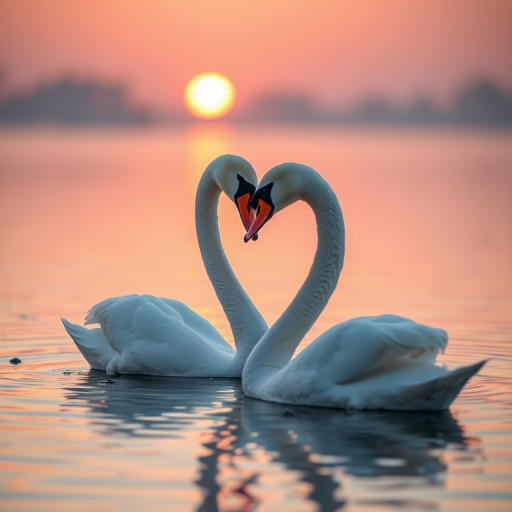 two swans gracefully touching necks in a calm lake at sunset, captured with a Canon EOS R5, 85mm, f/1.8, ISO 200, shallow depth of field, soft focus on water reflections, natural lighting