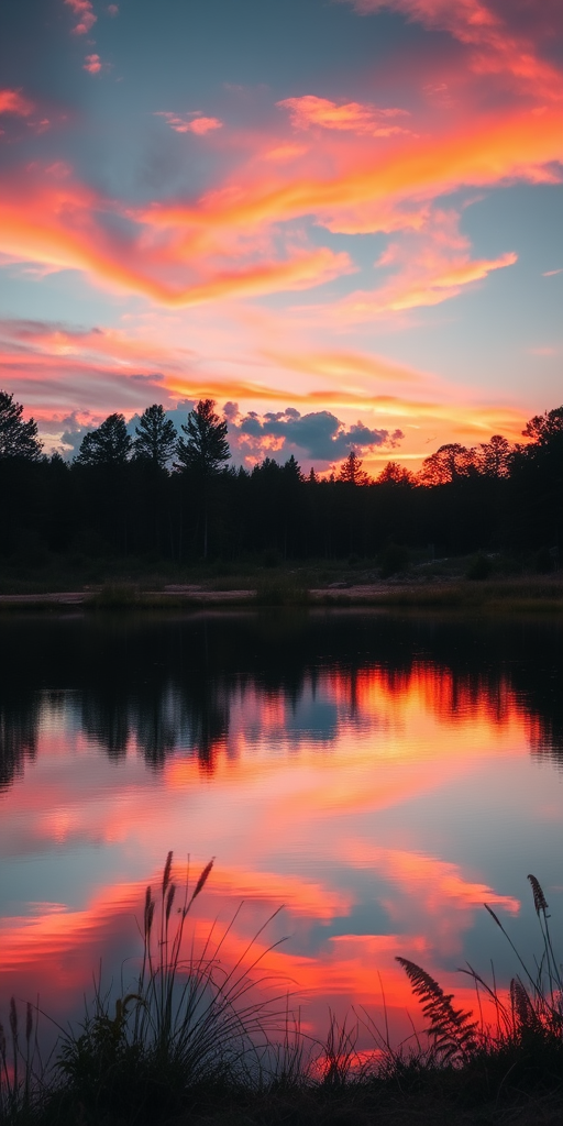 Create a high-resolution image of a serene landscape at sunset, with vibrant colors in the sky reflecting on a calm lake, using a DSLR camera with a 50mm lens, f/1.8 aperture, ISO 100, shot from a low angle to capture foreground elements and provide depth.