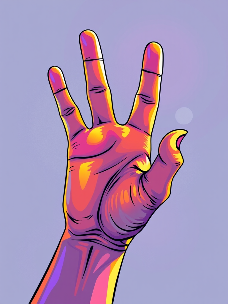 Create a high-resolution illustration of a hand making the shaka sign with vibrant colors, using a DSLR camera with a 50mm lens, f/2.8 aperture, ISO 100, and soft natural lighting from a 45-degree angle.