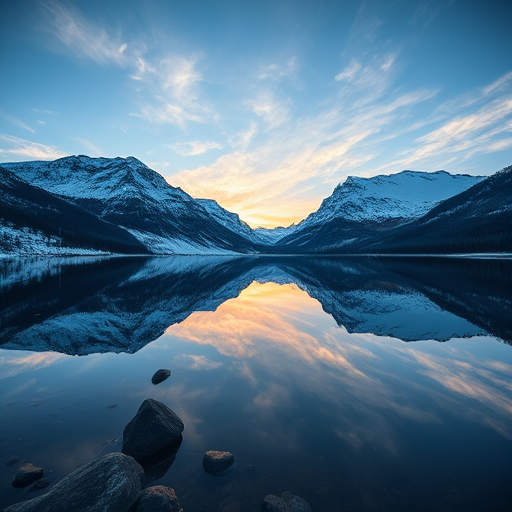 Capture a serene landscape of snow-capped mountains reflecting in a calm lake at sunrise with a wide-angle lens, f/8 aperture, ISO 100, 1/125 second exposure, and a tripod for stability, using a DSLR camera to enhance clarity and detail.