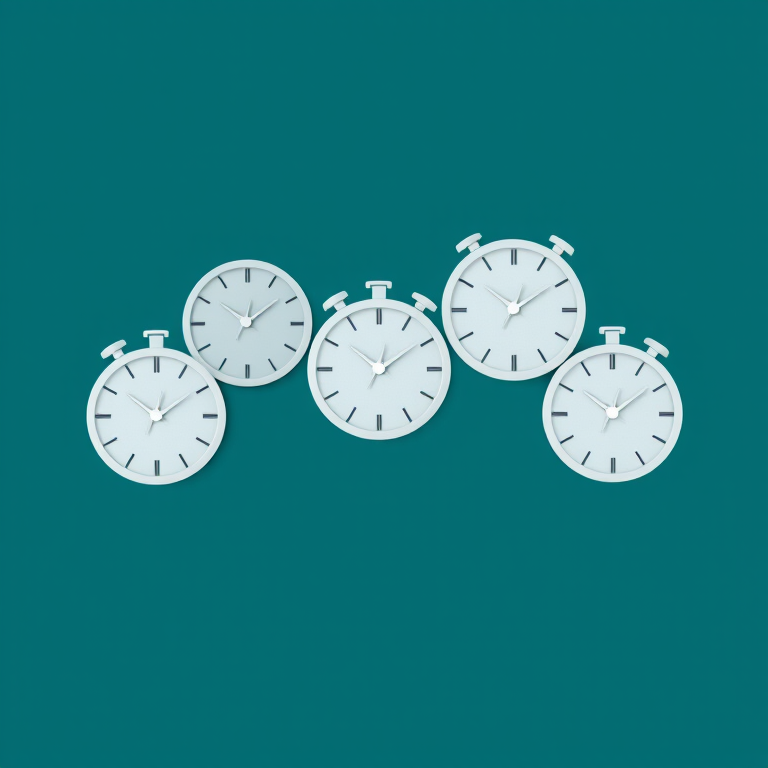 Create a digital illustration of five stylized white clocks arranged in a flowing pattern against a dark teal background, using a Canon EOS R5 with a 50mm f/1.2 lens, aperture set to f/4 for enhanced depth of field, ISO 100, and a resolution of 45 megapixels for high image quality.
