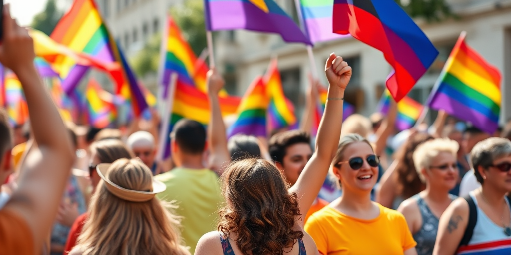 capture a vibrant pride parade scene with diverse participants joyfully waving flags, focus on a group of people wearing bright clothing, deep focus, natural lighting, aperture f/4, shutter speed 1/250 sec, ISO 200, DSLR camera, 24mm lens