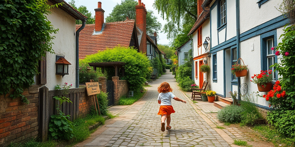 A picturesque village scene featuring two children with red hair running down a cobblestone path surrounded by lush greenery and charming cottages, captured with a Canon EOS R5, 50mm lens, aperture f/1.8, ISO 100, natural lighting, wide-angle view.