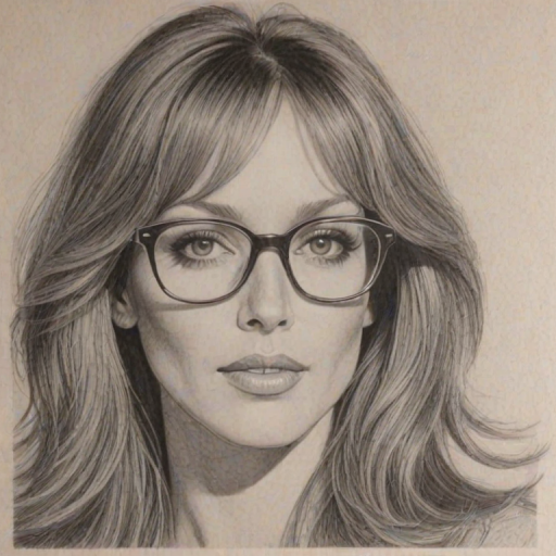 Beauteous Tanya Roberts, pencil sketch, portrait of Pleasing woman 1971s in glasses, hair style beatnik, outline, clear lines, fine lines, 8k