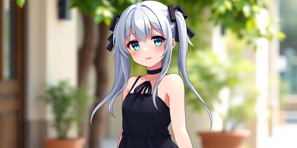 Create an anime character with silver hair and pigtails, wearing a black dress, standing in a playful pose, high resolution, 50mm lens, f/2.8 aperture, soft natural lighting, portrait mode, digital art style.