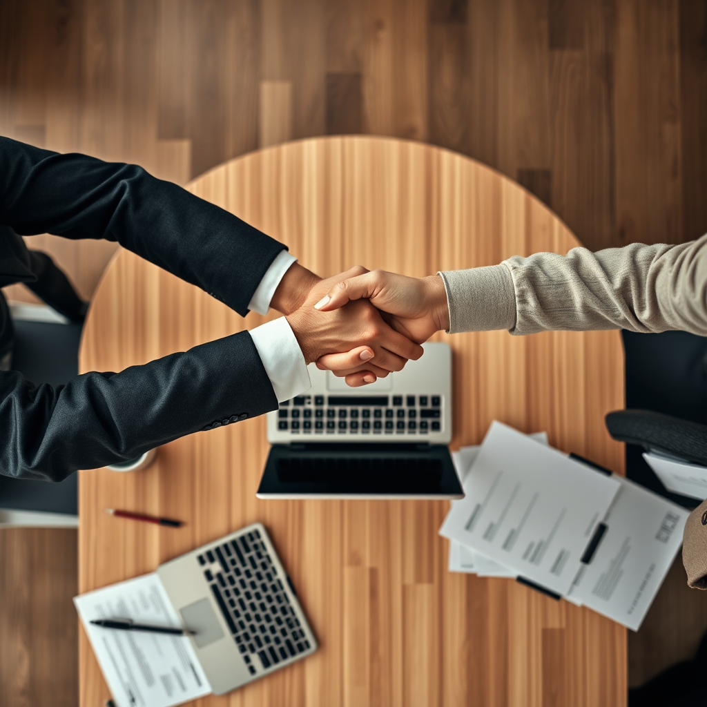 create an overhead view of two people shaking hands over a table with documents and a laptop, using a DSLR camera with a 35mm lens, aperture f/5.6, ISO 200, and a focal length of 24mm, with high saturation and contrast for enhanced image quality.
