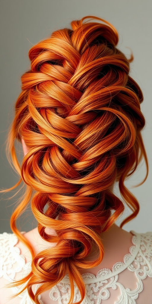 Fiery copper-red locks styled in the "Phoenix Rising" updo showcase intricate braids forming flame-like patterns, with wispy tendrils framing the face for a ethereal look
