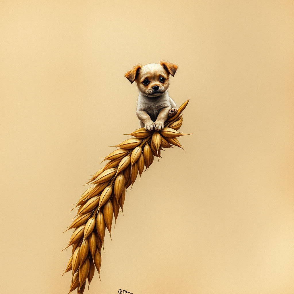Soft, muted Alcohol Ink with ebru effect background image of tiny whimsical dog, who climbed high on the top of a golden rye ear.