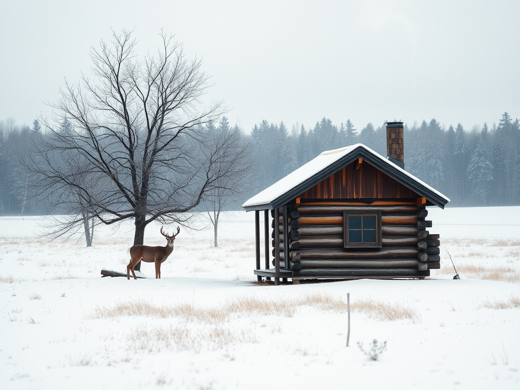A serene winter landscape featuring a small wooden cabin with a smoking chimney and a deer standing by a tree in a snowy field, captured with a Canon EOS R5, 50mm lens, f/8 aperture, 1/200 sec shutter speed, soft focus, and a cool color palette for a calm atmosphere.