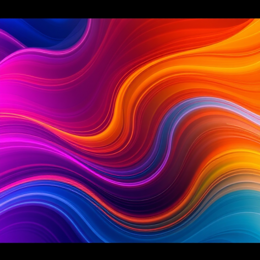 Generate an abstract image of flowing lines in vibrant colors and wavy patterns, using a Canon EOS R5 with a 50mm lens, aperture f/8, ISO 100, 1/200s shutter speed, taken from a top-down view and styled with high dynamic range for enhanced depth and clarity.