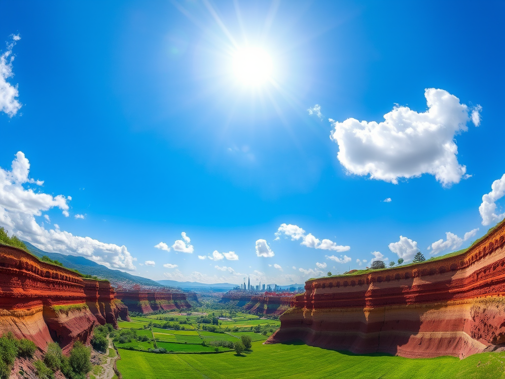 A vibrant landscape illustration featuring a clear blue sky with fluffy white clouds, a bright sun shining down, a city skyline on the left, green fields in the foreground, and an underground section showing geological layers, captured with a wide-angle lens on a DSLR camera at f/8 aperture, ISO 100, 24mm focal length, natural lighting for enhanced clarity and detail.