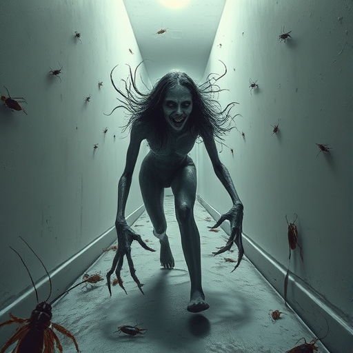a crooked female with long arms and a creepy smile is crawling along a long white corridor and you can also see cockroaches in it there is a creepy atmosphere creepy art style