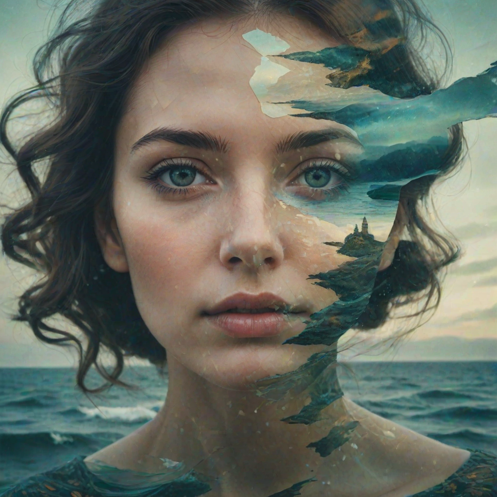 this picture is Book cover, A surreal double exposure portrait that blends a woman's face with a beautiful seascape. The overall mood is dreamy and mystical, with rich colors and intricate details