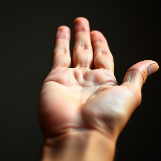 Create a highly detailed and realistic image of an open human hand with soft lighting, using a DSLR camera with a 50mm lens, aperture f/1.8, ISO 100, and a shallow depth of field to focus on texture and warmth.