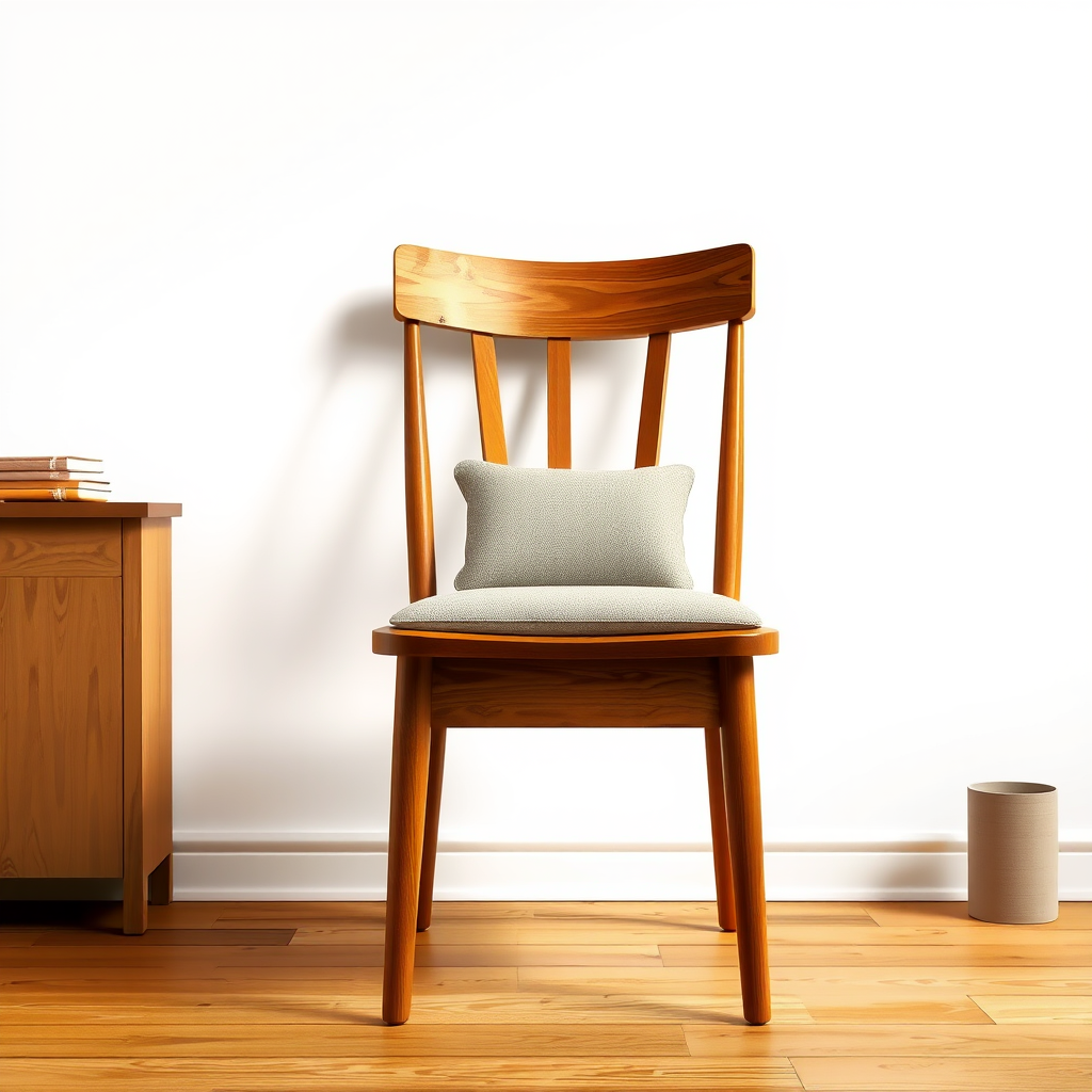 Create a highly detailed illustration of a wooden chair with a simple fabric cushion, using a DSLR camera with a 50mm lens set at f/1.8, ISO 100, 1/125s shutter speed, in a well-lit indoor setting, focusing on natural textures and warm wood tones.