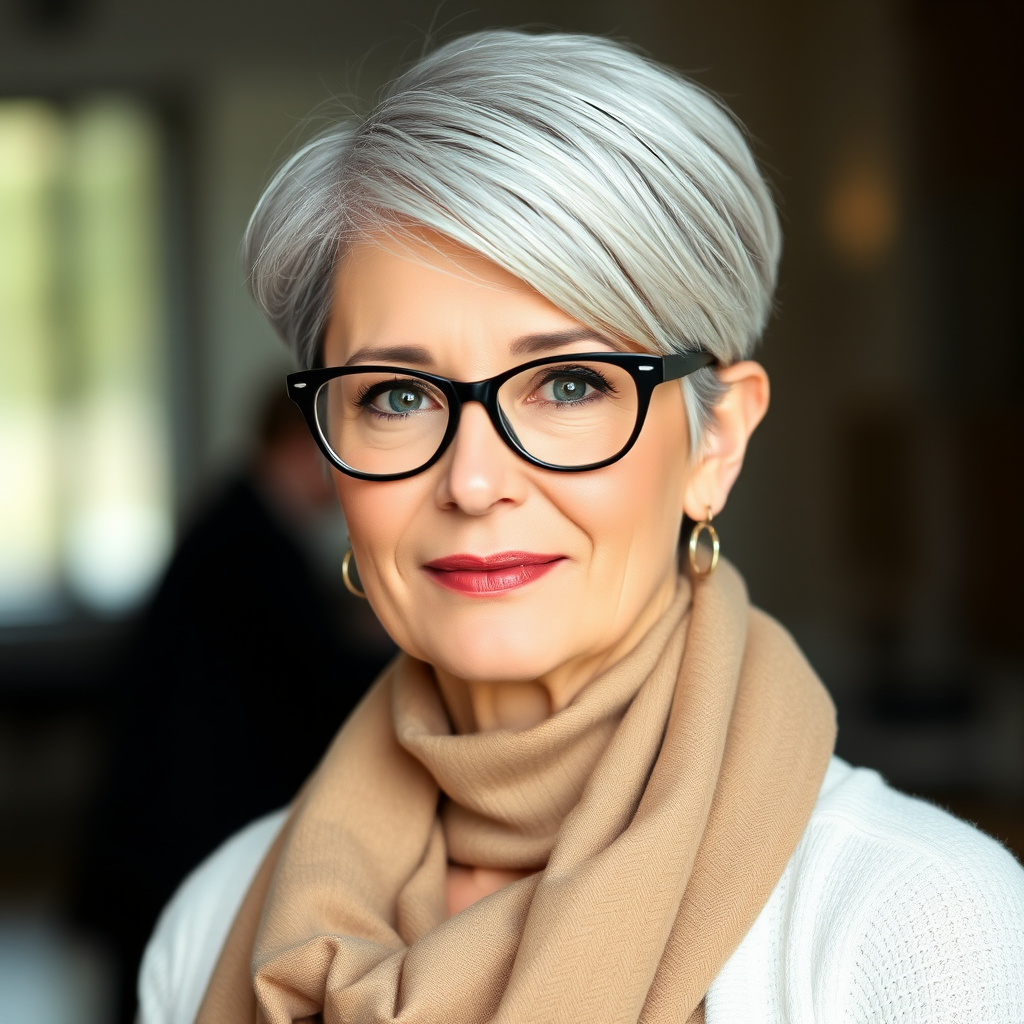 Portrait of a mature woman with short silver hair, styled in an asymmetrical pixie cut with side bangs. She wears black-framed glasses and a beige blouse with a white cardigan over it, as well as a bulky scarf in neutral tones. The woman is indoors with soft lighting and a blur in the background. Her expression is serene and confident, highlighting her elegance and modern style.