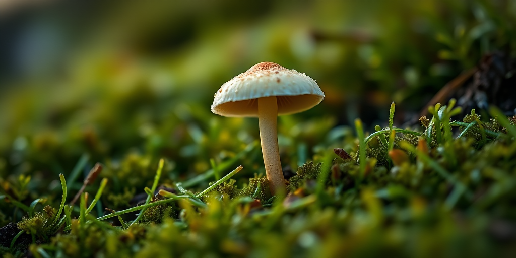 Close-up shot of a delicate mushroom growing among lush green moss, captured with a DSLR camera using a 50mm f/1.8 lens, aperture set to f/2.8, shutter speed at 1/100 sec, ISO 200, natural light during twilight for soft illumination and enhanced details.