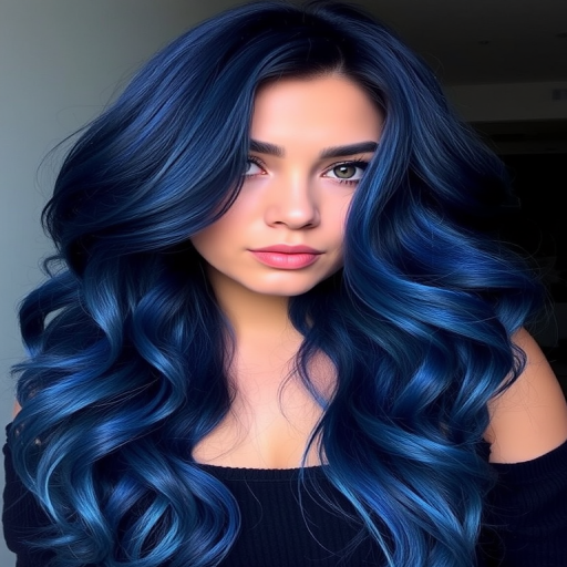 Midnight blue hair styled in voluminous, mermaid-inspired waves embodies the mysterious "Starry Night" look, featuring subtle silver and iridescent highlights that shimmer like distant galaxies, creating a captivating and otherworldly appearance reminiscent of the night sky