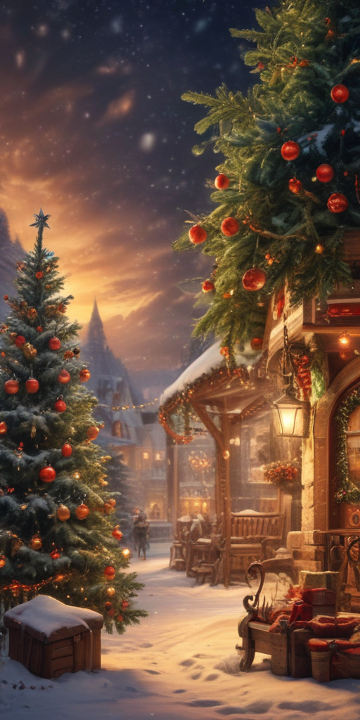 A Cozy Winter Evening in a Festively Decorated Christmas Village Scene
