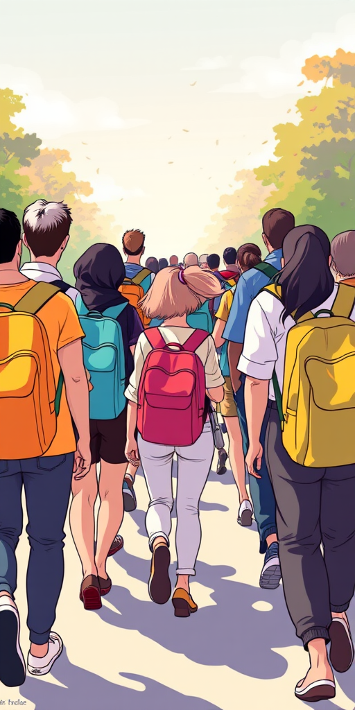 Create an illustration of a diverse group of people walking away, with various colored backpacks, in a bright and dynamic style, using a wide-angle lens with a shallow depth of field at f/2.8, ISO 100, and a vibrant color palette, resembling a digital artwork.