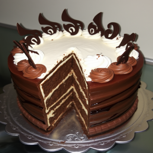 A beautifully decorated chocolate cake with multiple layers and intricate frosting designs topped with chocolate shards and swirls, one slice cut out to reveal the rich, moist layers inside, placed on a decorative silver platter.