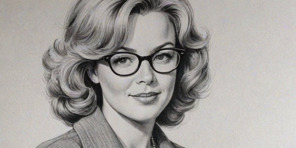 Gorgeous Catherine Hicks, pencil sketch, portrait of Comely woman 1949s in glasses, hair style beatnik, outline, clear lines, fine lines, 8k