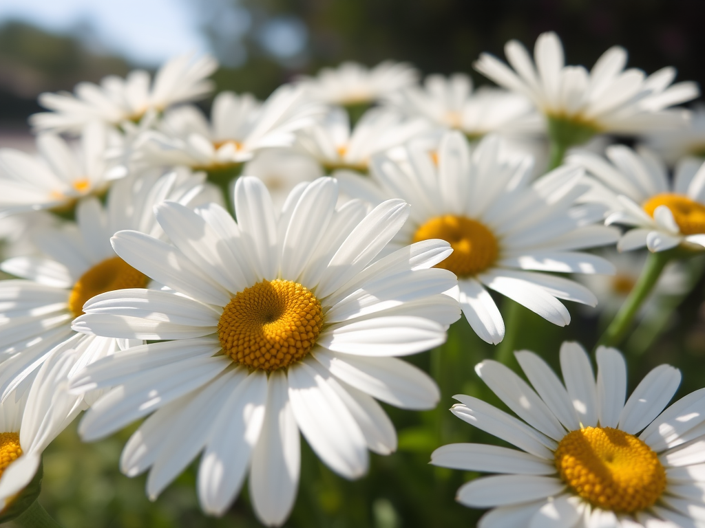 macro shot of white daisies in natural sunlight, f/2.8 aperture, 1/500 sec shutter speed, ISO 200, taken with a DSLR camera from a low angle to capture depth and detail in the petals.