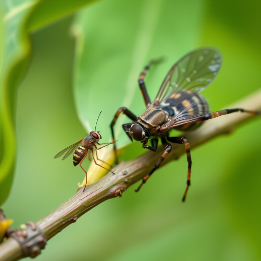 Spectacular photography, 300dpi, digital noise free, extremely clear, ultra-realistic, inside focus, best angle view, with intricate details of a small and tiny fly, standing on a branch of a tree, partially covered with green leaves. A large and majestic spider, flying over the fly, right in front of the spider with its body arched and the sting completely out of its abdomen pointing at the fly's body and prepared in an attacking and aggressive position, stares at it and watches stealthily. Both within focus . Proportion of size. Light of day. National Geographic style