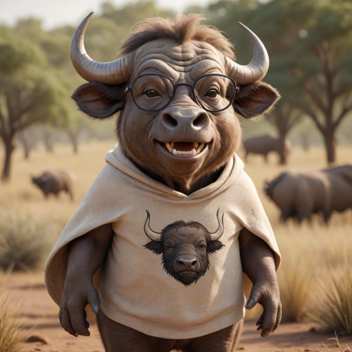Hyperrealistic 3D render of a smiling cartoon Cape Buffalo wearing glasses and a beige t-shirt with a smaller buffalo image printed on it, missing some teeth, set against a blurred African savanna background, detailed fur, 8k resolution, octane render, artstation trending.
