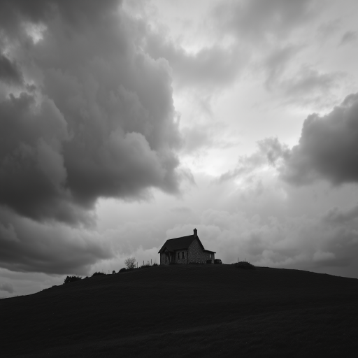 a solitary house on a hill under a moody, overcast sky with dramatic clouds, in monochrome tones