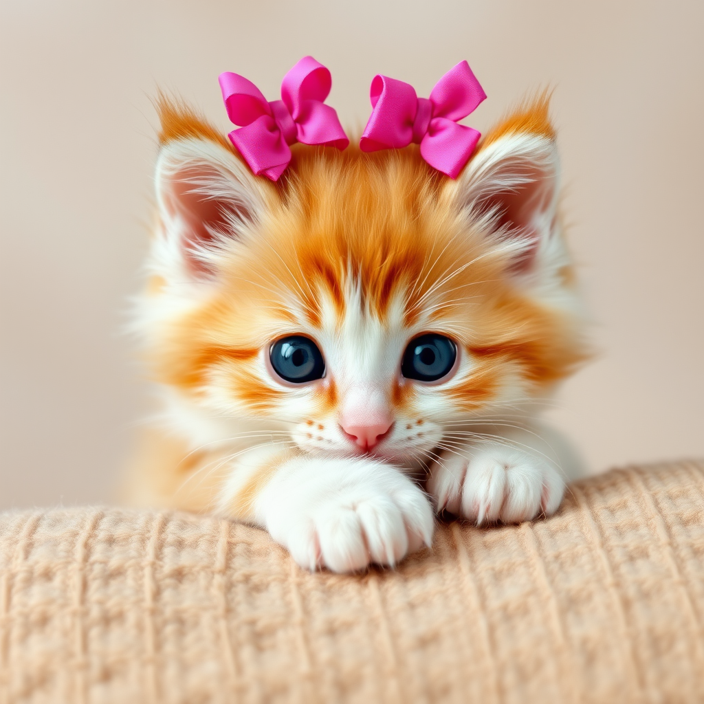 Create an image of a fluffy light orange and white kitten with big eyes resting its paws on a textured surface. The kitten should have cute pink bows on its head, adding a playful and adorable touch to the scene. The background should be soft and neutral, emphasizing the kitten's features.