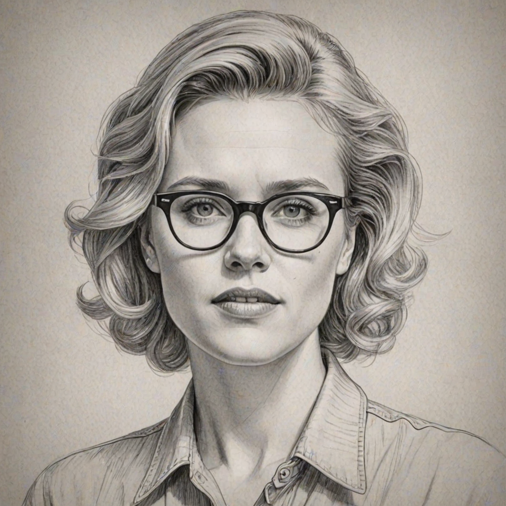 Captivating Kate McKinnon, pencil sketch, portrait of Charming woman 1956s in glasses, hair style beatnik, outline, clear lines, fine lines, 8k