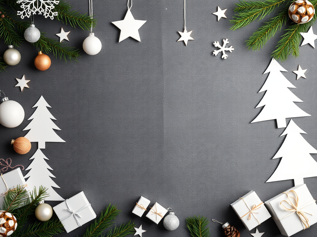 Create a festive holiday background featuring a border of white Christmas trees, ornaments, stars, and gifts on a dark grey backdrop, captured with a Canon EOS R5, 50mm lens, f/1.8 aperture, ISO 100, and a soft focus style for a warm, inviting feel.