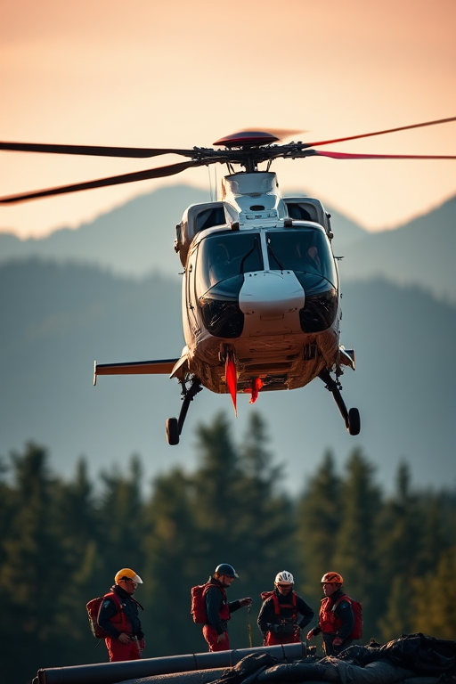 high-resolution image of a helicopter performing a rescue operation, captured from a low angle with a Canon EOS R5, 24-70mm lens, f/8 aperture, ISO 100, 1/500s shutter speed, vibrant colors and sharp details, focusing on the helicopter and the rescuers below, with a clear background of trees and mountains.